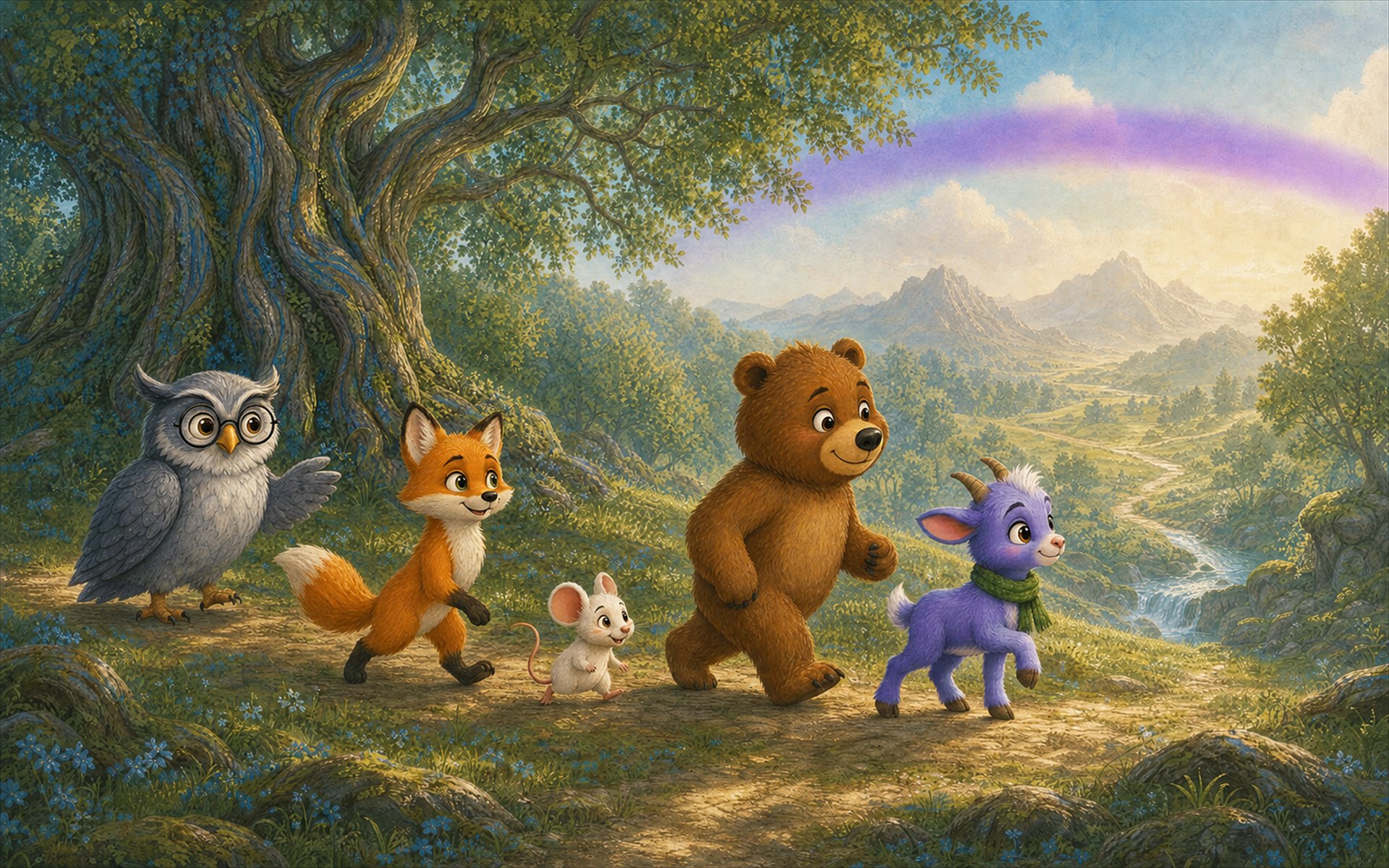 Old Grey watches as Finn, Bell, Ollie, and Row set out beneath the violet Evenbow